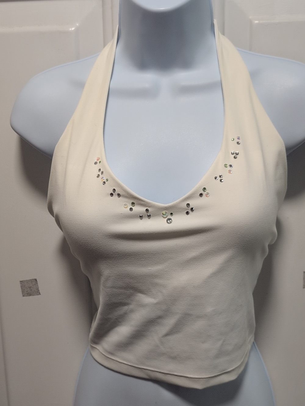 Women's Cream Halter Crop Top with Rhinestone Detail